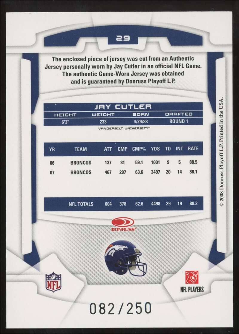 Load image into Gallery viewer, 2008 Leaf Rookies &amp; Stars Longevity Gold Materials Jay Cutler #29 Denver Broncos Relic /250  Image 2
