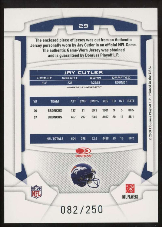 2008 Leaf Rookies &amp; Stars Longevity Gold Materials Jay Cutler