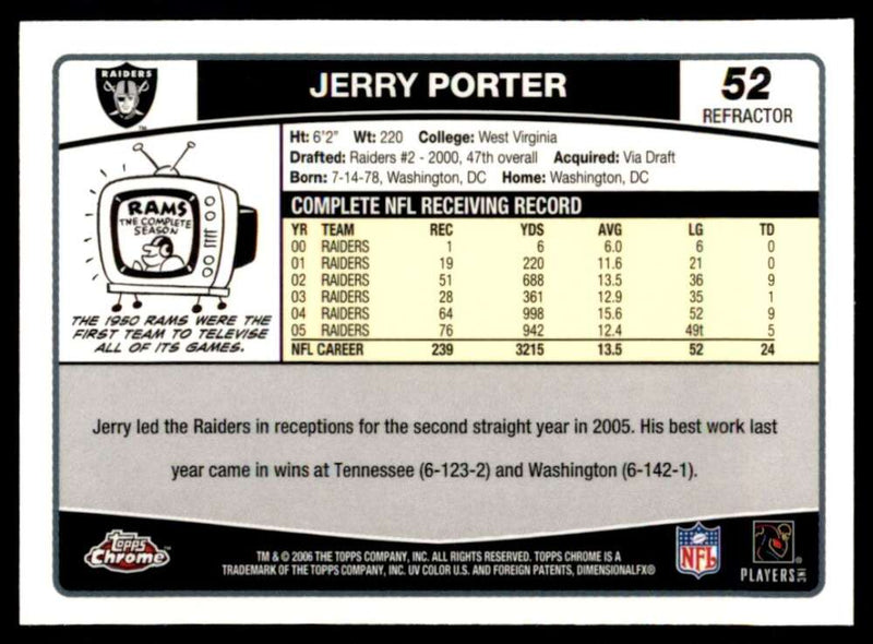 Load image into Gallery viewer, 2006 Topps Chrome Refractor Jerry Porter #52 Oakland Raiders Image 2
