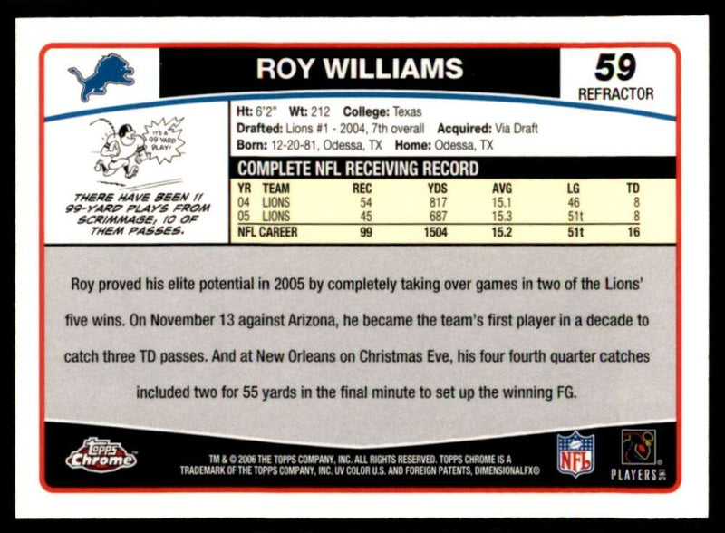 Load image into Gallery viewer, 2006 Topps Chrome Refractor Roy Williams #59 Detroit Lions Image 2
