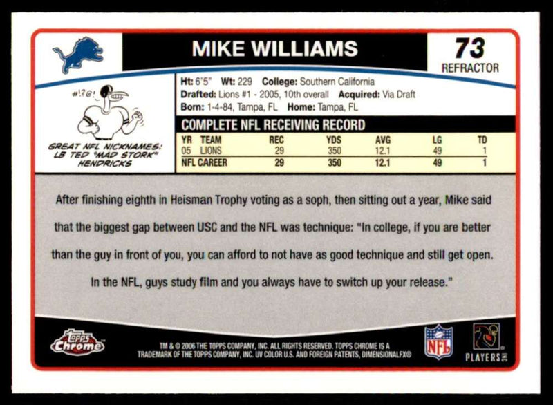 Load image into Gallery viewer, 2006 Topps Chrome Refractor Mike Williams #73 Detroit Lions Image 2
