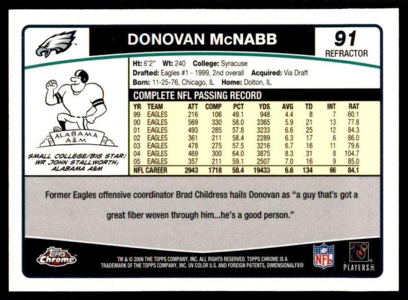 Load image into Gallery viewer, 2006 Topps Chrome Refractor Donovan McNabb #91 Philadelphia Eagles Image 2
