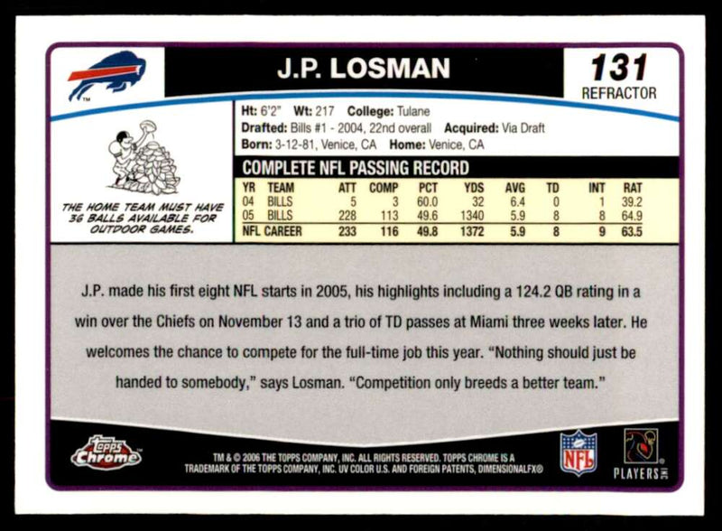 Load image into Gallery viewer, 2006 Topps Chrome Refractor J.P. Losman #131 Buffalo Bills Image 2
