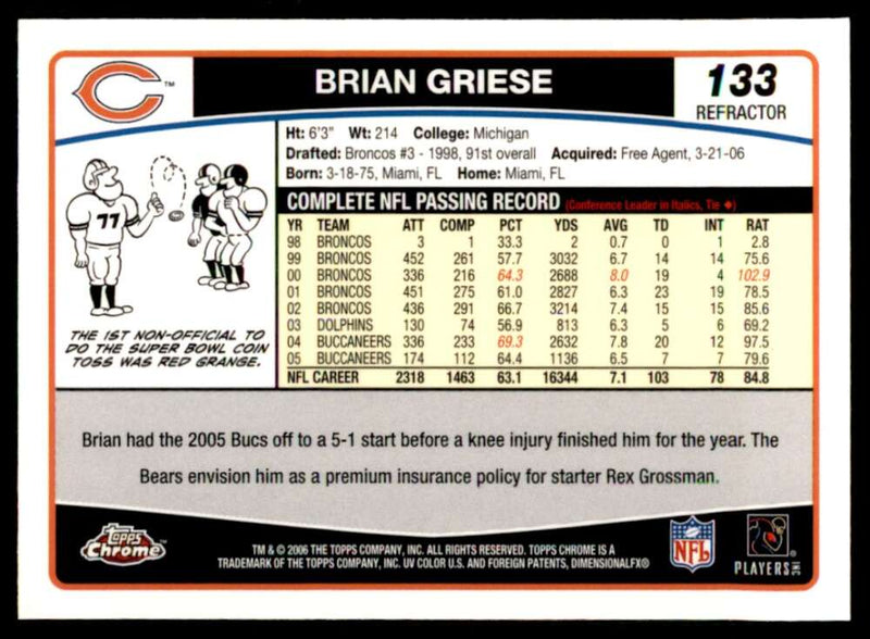 Load image into Gallery viewer, 2006 Topps Chrome Refractor Brian Griese #133 Chicago Bears Image 2
