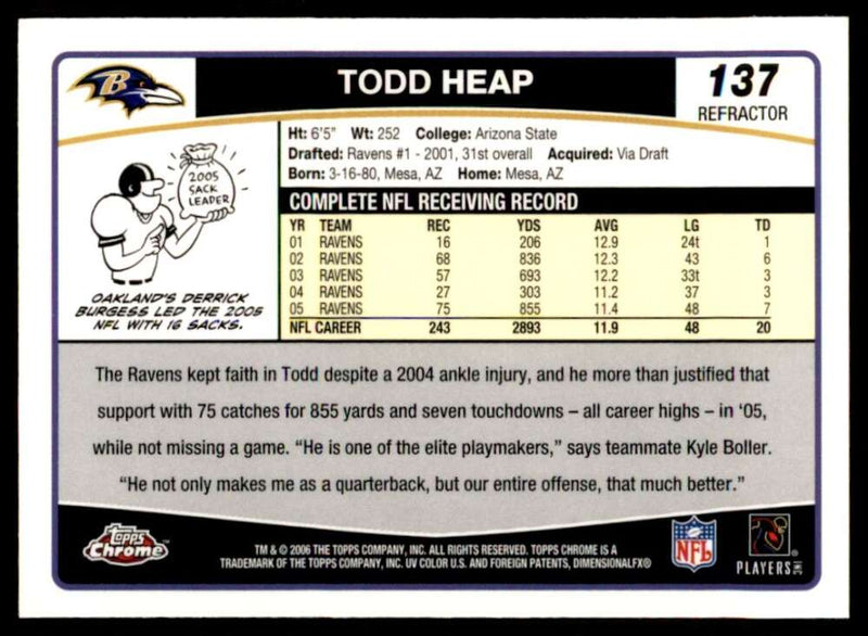 Load image into Gallery viewer, 2006 Topps Chrome Refractor Todd Heap #137 Baltimore Ravens Image 2
