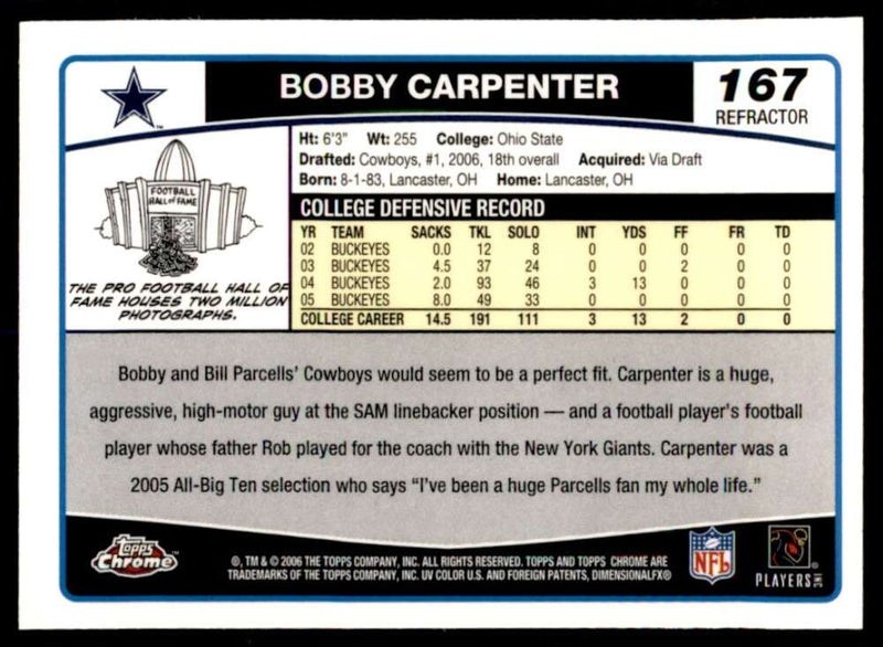 Load image into Gallery viewer, 2006 Topps Chrome Refractor Bobby Carpenter #167 Dallas Cowboys Rookie RC Image 2
