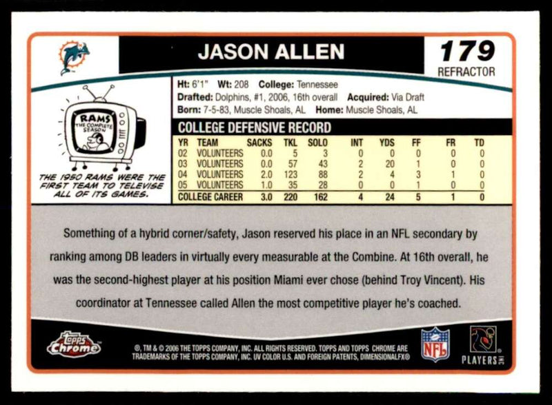 Load image into Gallery viewer, 2006 Topps Chrome Refractor Jason Allen #179 Miami Dolphins Rookie RC Image 2
