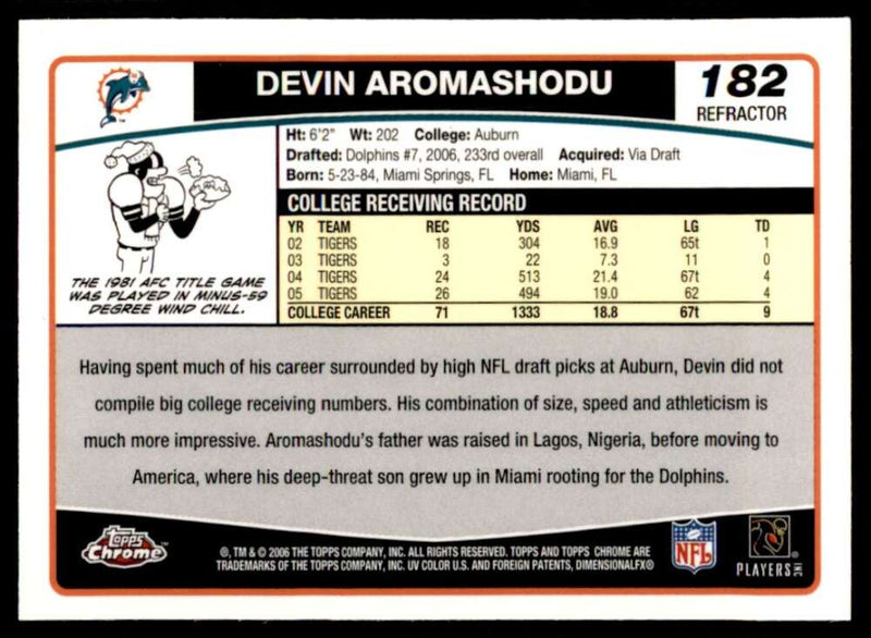 Load image into Gallery viewer, 2006 Topps Chrome Refractor Devin Aromashodu #182 Miami Dolphins Rookie RC Image 2
