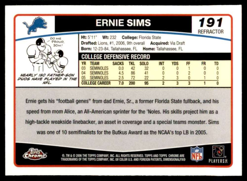 Load image into Gallery viewer, 2006 Topps Chrome Refractor Ernie Sims #191 Detroit Lions Rookie RC Image 2
