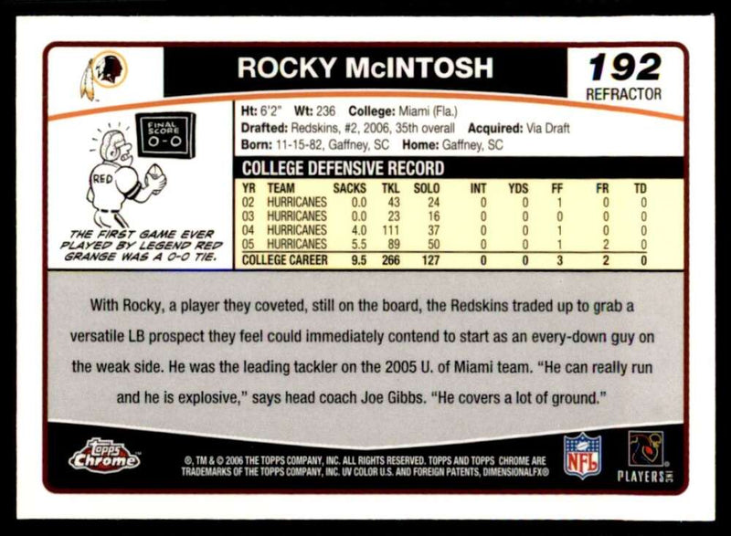 Load image into Gallery viewer, 2006 Topps Chrome Refractor Rocky McIntosh #192 Washington Redskins Rookie RC Image 2
