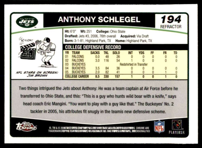 Load image into Gallery viewer, 2006 Topps Chrome Refractor Anthony Schlegel #194 New York Jets Rookie RC Image 2
