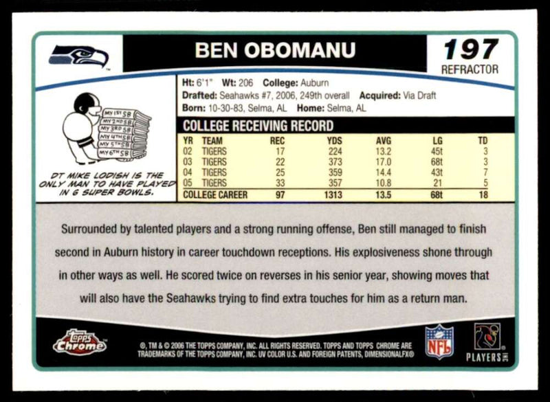 Load image into Gallery viewer, 2006 Topps Chrome Refractor Ben Obomanu #197 Seattle Seahawks Rookie RC Image 2
