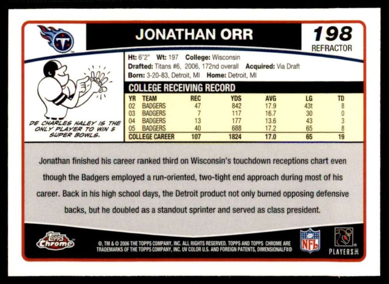 Load image into Gallery viewer, 2006 Topps Chrome Refractor Jonathan Orr #198 Tennessee Titans Rookie RC Image 2
