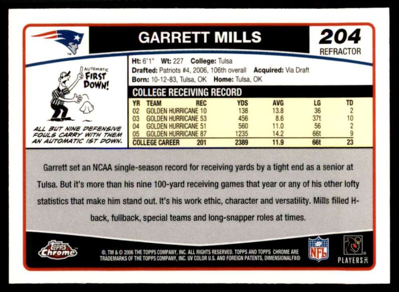 Load image into Gallery viewer, 2006 Topps Chrome Refractor Garrett Mills #204 New England Patriots Rookie RC Image 2
