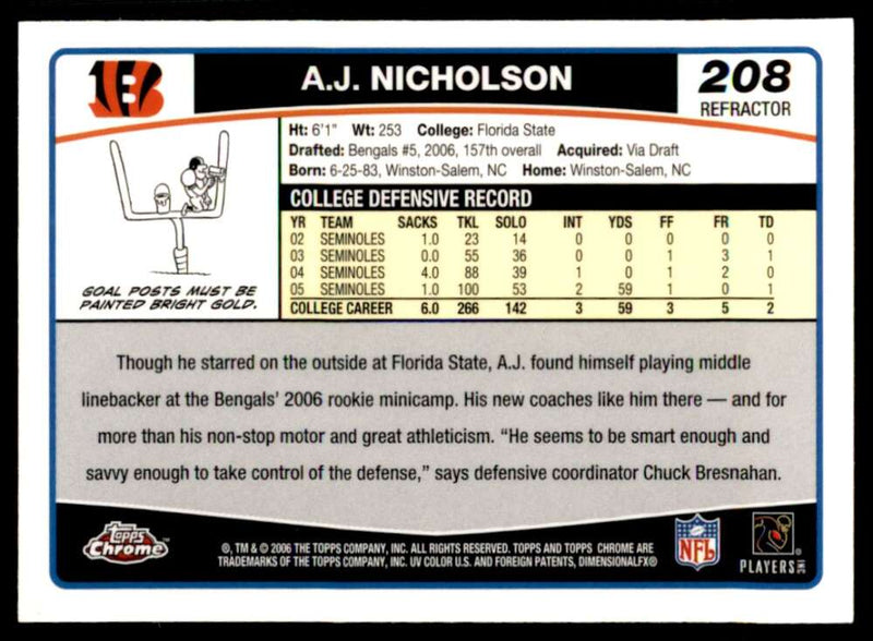 Load image into Gallery viewer, 2006 Topps Chrome Refractor A.J. Nicholson #208 Cincinnati Bengals Rookie RC Image 2
