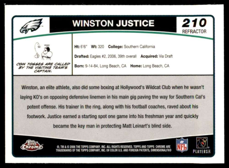 Load image into Gallery viewer, 2006 Topps Chrome Refractor Winston Justice #210 Philadelphia Eagles Rookie RC Image 2
