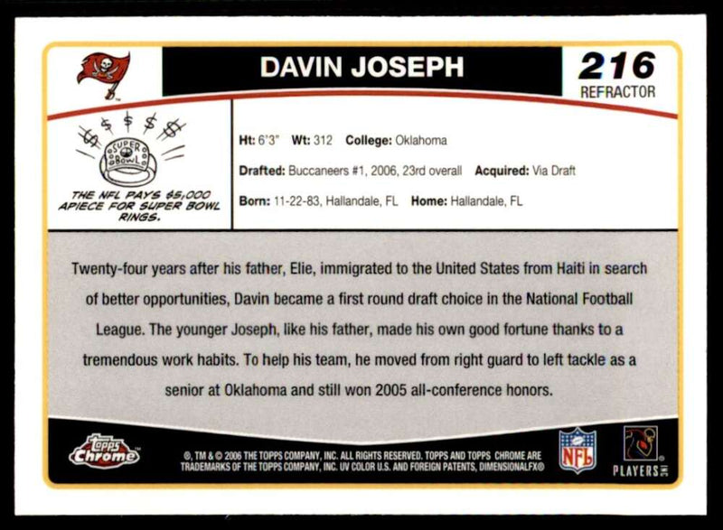 Load image into Gallery viewer, 2006 Topps Chrome Refractor Davin Joseph #216 Tampa Bay Buccaneers Rookie RC Image 2
