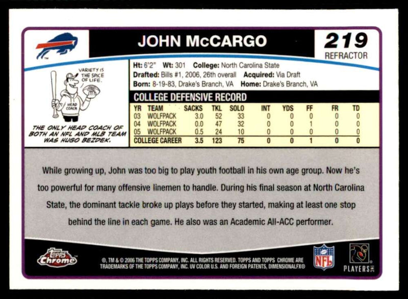 Load image into Gallery viewer, 2006 Topps Chrome Refractor John McCargo #219 Buffalo Bills Rookie RC Image 2
