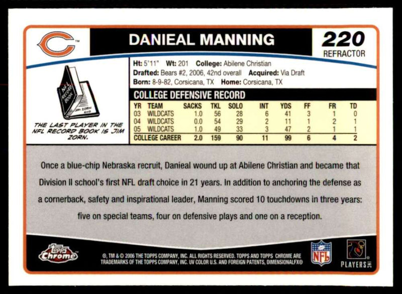 Load image into Gallery viewer, 2006 Topps Chrome Refractor Danieal Manning #220 Chicago Bears Rookie RC Image 2
