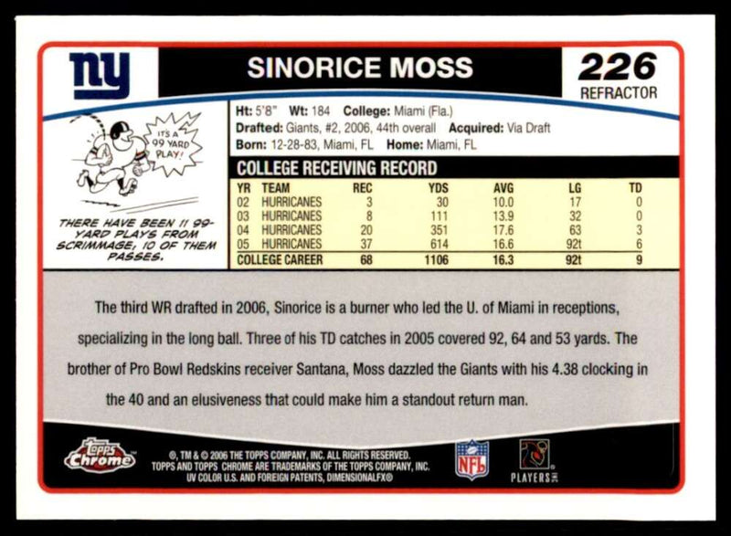 Load image into Gallery viewer, 2006 Topps Chrome Refractor Sinorice Moss #226 New York Giants Rookie RC Image 2
