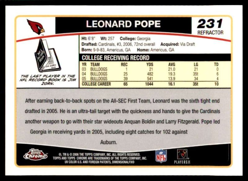 Load image into Gallery viewer, 2006 Topps Chrome Refractor Leonard Pope #231 Arizona Cardinals Rookie RC Image 2
