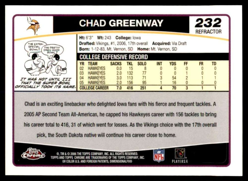 Load image into Gallery viewer, 2006 Topps Chrome Refractor Chad Greenway #232 Minnesota Vikings Rookie RC Image 2
