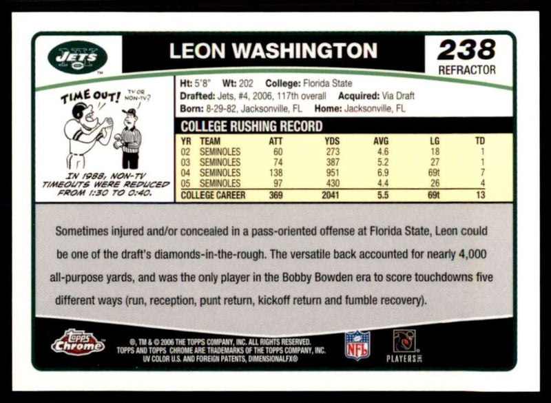 Load image into Gallery viewer, 2006 Topps Chrome Refractor Leon Washington #238 New York Jets Rookie RC Image 2
