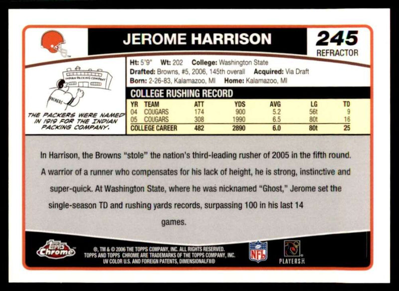 Load image into Gallery viewer, 2006 Topps Chrome Refractor Jerome Harrison #245 Cleveland Browns Rookie RC Image 2
