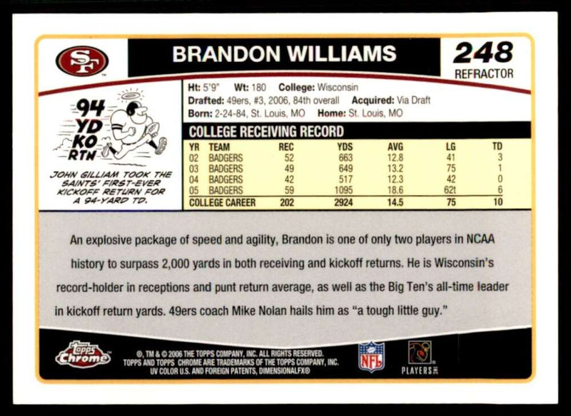 Load image into Gallery viewer, 2006 Topps Chrome Refractor Brandon Williams #248 San Francisco 49ers Rookie RC Image 2
