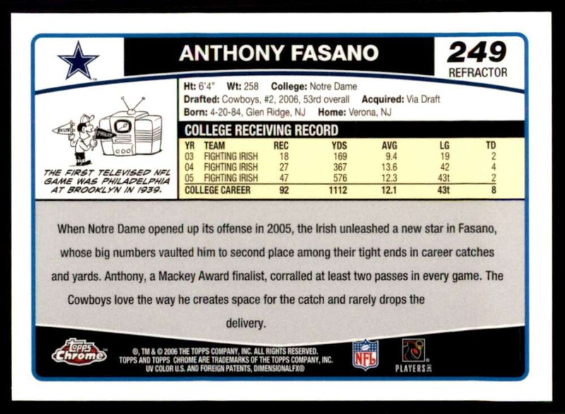 Load image into Gallery viewer, 2006 Topps Chrome Refractor Anthony Fasano #249 Dallas Cowboys Rookie  RC Image 2
