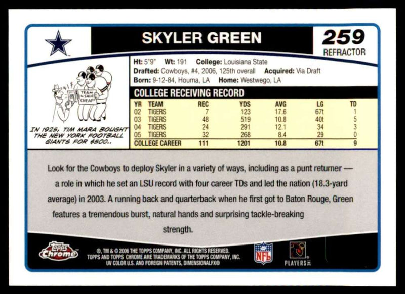 Load image into Gallery viewer, 2006 Topps Chrome Refractor Skyler Green #259 Dallas Cowboys Rookie RC Image 2
