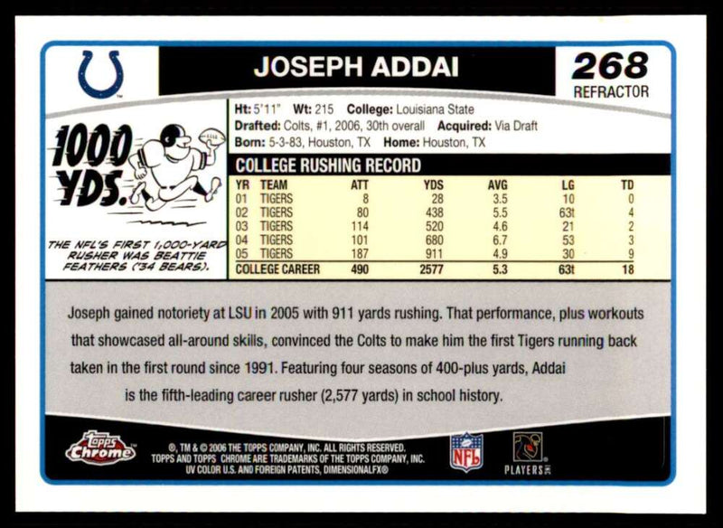 Load image into Gallery viewer, 2006 Topps Chrome Refractor Joseph Addai #268 Indianapolis Colts Rookie RC Image 2
