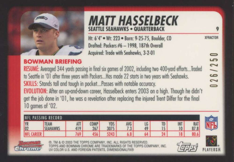 Load image into Gallery viewer, 2003 Bowman Chrome Xfractor Matt Hasselbeck #9 Seattle Seahawks /250 Image 2
