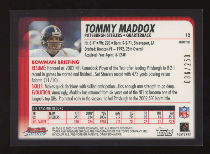 Load image into Gallery viewer, 2003 Bowman Chrome Xfractor Tommy Maddox #12 Pittsburgh Steelers /250 Image 2
