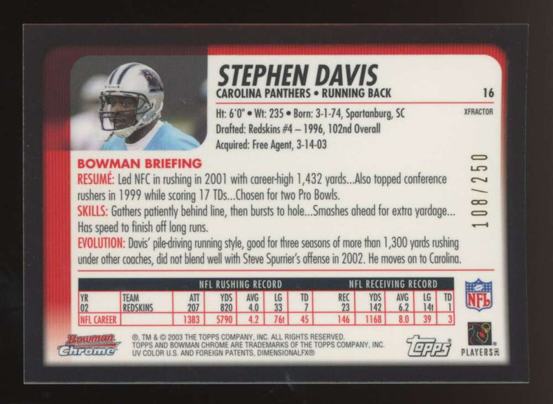 Load image into Gallery viewer, 2003 Bowman Chrome Xfractor Stephen Davis #16 Carolina Panthers /250 Image 2
