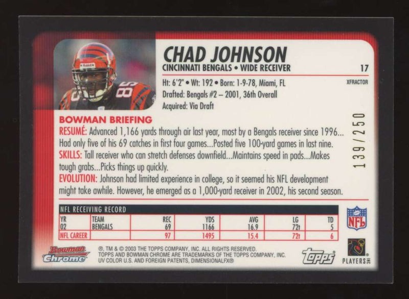 Load image into Gallery viewer, 2003 Bowman Chrome Xfractor Chad Johnson #17 Cincinnati Bengals /250 Image 2
