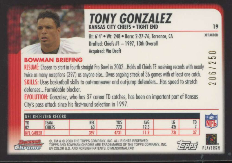 Load image into Gallery viewer, 2003 Bowman Chrome Xfractor Tony Gonzalez #19 Kansas City Chiefs /250 Image 2
