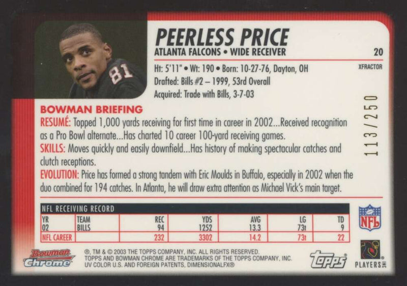 Load image into Gallery viewer, 2003 Bowman Chrome Xfractor Peerless Price #20 Atlanta Falcons /250 Image 2
