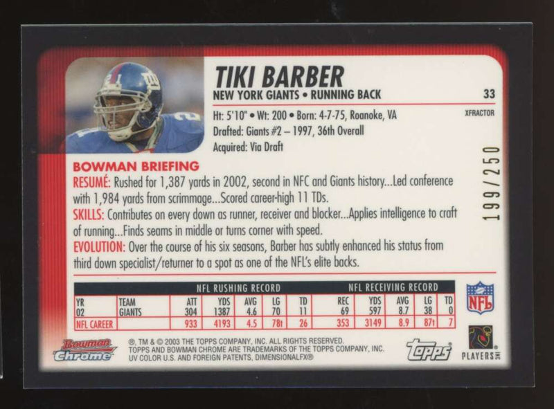 Load image into Gallery viewer, 2003 Bowman Chrome Xfractor Tiki Barber #33 New York Giants /250 Image 2
