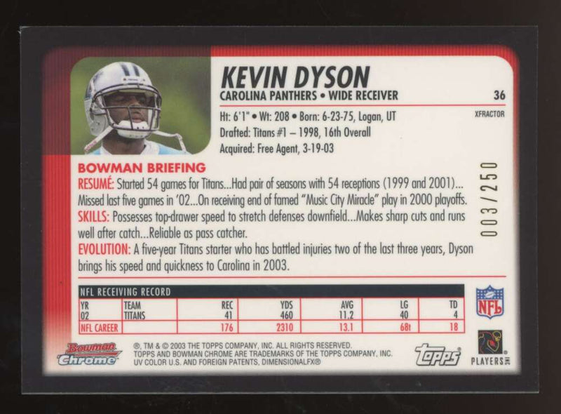 Load image into Gallery viewer, 2003 Bowman Chrome Xfractor Kevin Dyson #36 Tennessee Titans /250 Image 2
