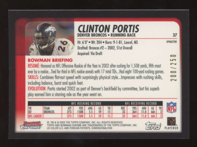 Load image into Gallery viewer, 2003 Bowman Chrome Xfractor Clinton Portis #37 Denver Broncos /250 Image 2
