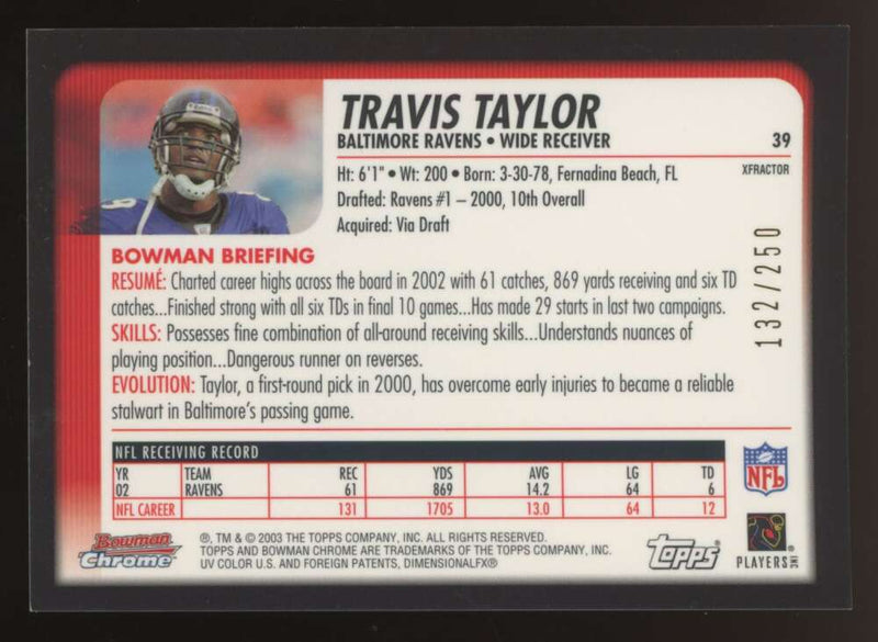 Load image into Gallery viewer, 2003 Bowman Chrome Xfractor Travis Taylor #39 Baltimore Ravens /250 Image 2
