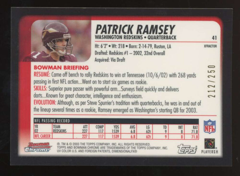 Load image into Gallery viewer, 2003 Bowman Chrome Xfractor Patrick Ramsey #41 Washington Redskins /250 Image 2
