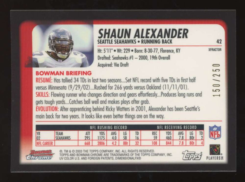 Load image into Gallery viewer, 2003 Bowman Chrome Xfractor Shaun Alexander #42 Seattle Seahawks /250 Image 2
