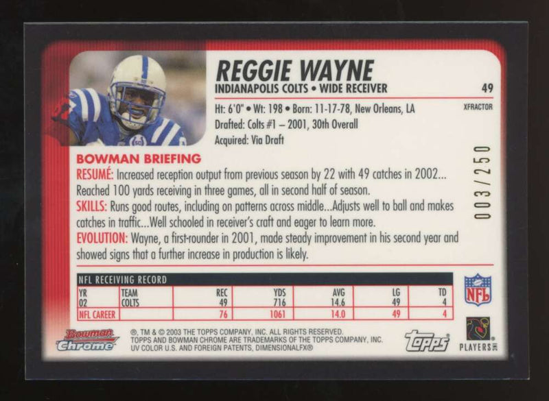 Load image into Gallery viewer, 2003 Bowman Chrome Xfractor Reggie Wayne #49 Indianapolis Colts /250 Image 2
