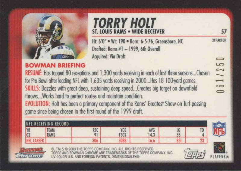 Load image into Gallery viewer, 2003 Bowman Chrome Xfractor Torry Holt #57 St Louis Rams /250 Image 2
