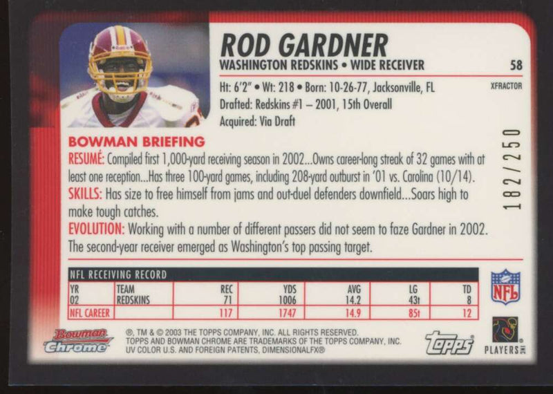 Load image into Gallery viewer, 2003 Bowman Chrome Xfractor Rod Gardner #58 Washington Redskins /250 Image 2
