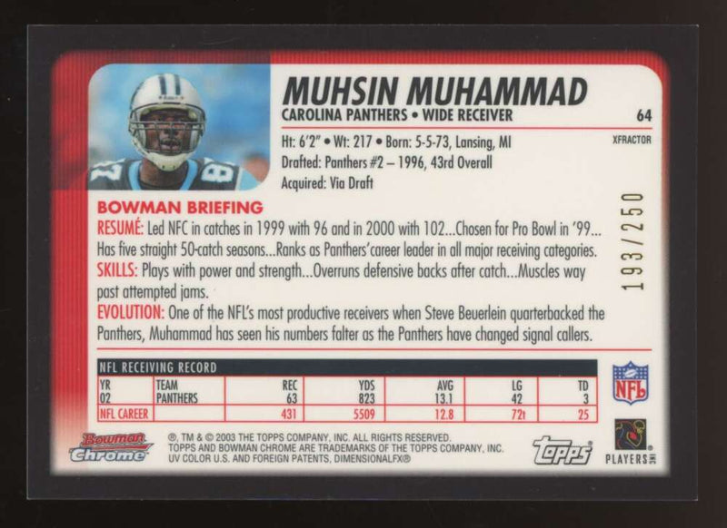 Load image into Gallery viewer, 2003 Bowman Chrome Xfractor Muhsin Muhammad #64 Carolina Panthers /250 Image 2
