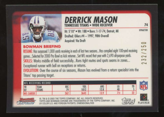 2003 Bowman Chrome Xfractor Derrick Mason 