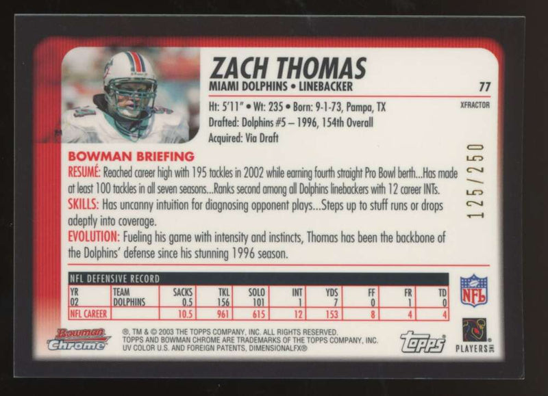 Load image into Gallery viewer, 2003 Bowman Chrome Xfractor Zach Thomas #77 Miami Dolphins /250 Image 2
